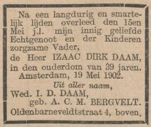 1902 Overlijden Isaac Dirk Daam [1863 - 1902].